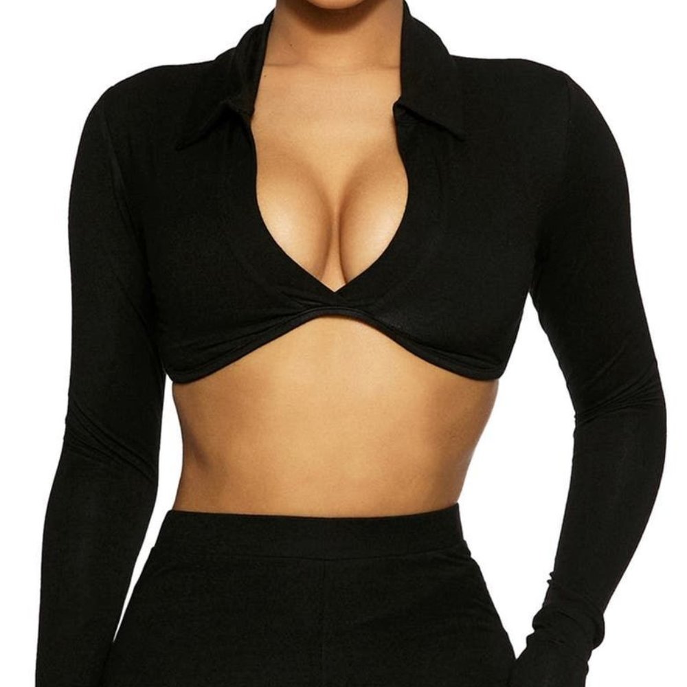 Naked Wardrobe Collar Long Sleeve Crop Top